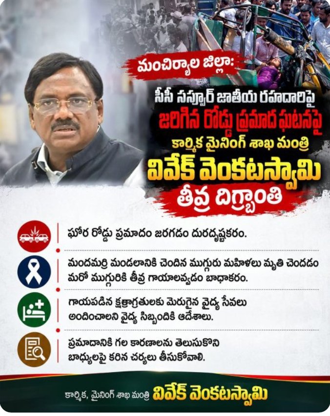 సీసీ నస్పూర్ జాతీయ రహదారిపై జరిగిన రోడ్డు ప్రమాద ఘటనపై కార్మిక మైనింగ్ శాఖ మంత్రి వివేక్ వెంకటస్వామి తీవ్ర దిగ్బ్రాంతి.